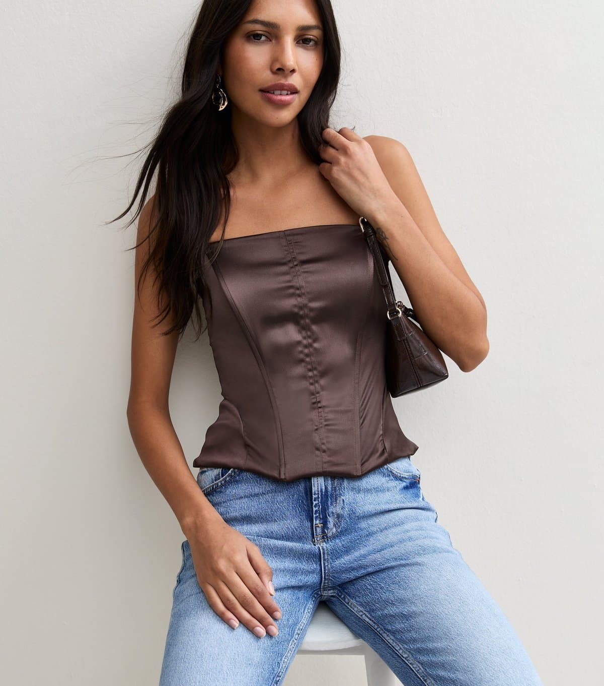 New Look Women's Dark Brown Satin Strapless Corset Top New Look