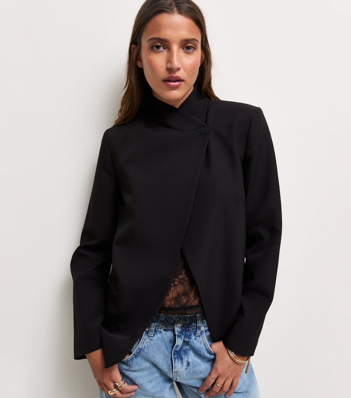 New Look Women's Black Wrap Neck Long Sleeve Blazer New Look