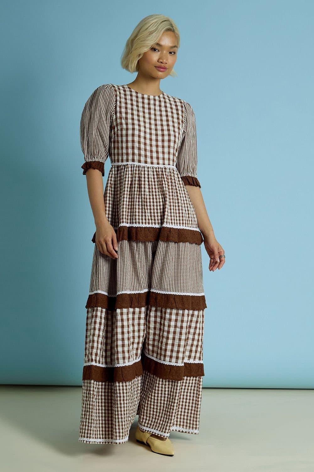 Neon Rose Neon Rose Women's Cotton Gingham Tiered Maxi Dress in Brown