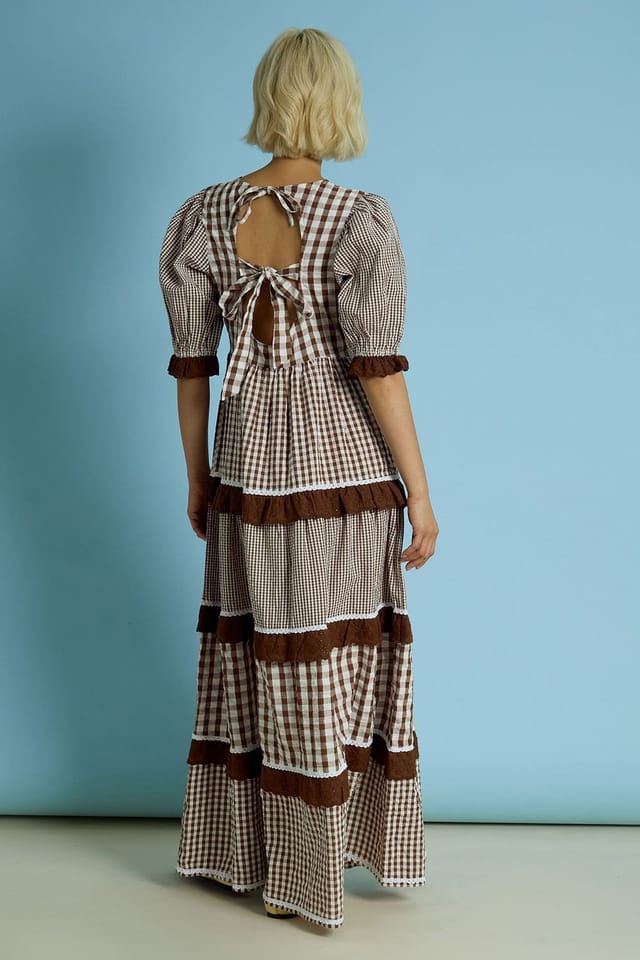 Neon Rose Neon Rose Women's Cotton Gingham Tiered Maxi Dress in Brown - 2
