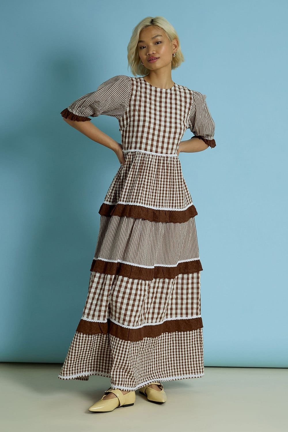 Neon Rose Neon Rose Women's Cotton Gingham Tiered Maxi Dress in Brown - 4