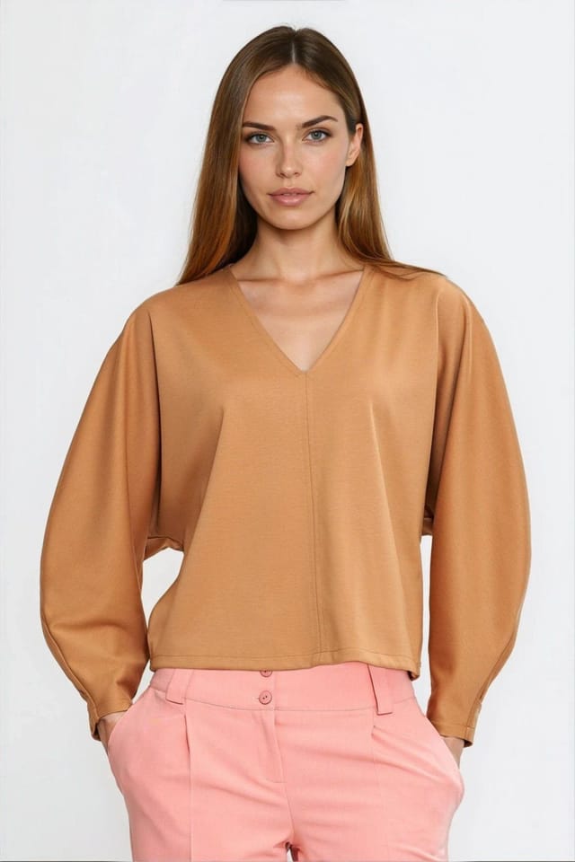Love Lace Love Lace Women's Oversized V Neck Blouse with Balloon Sleeves Style 221719 in Brown - 2