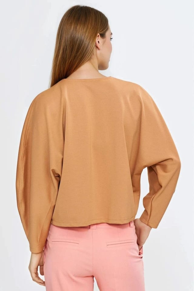Love Lace Love Lace Women's Oversized V Neck Blouse with Balloon Sleeves Style 221719 in Brown - 3