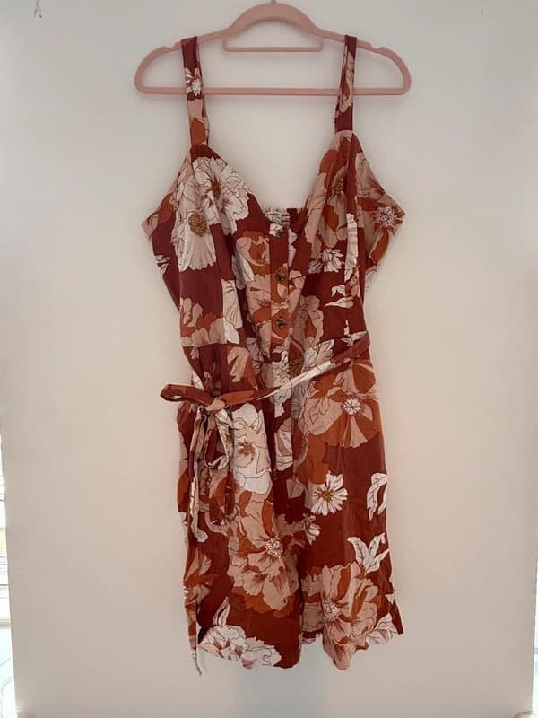 FatFace FatFace Floral Linen Blend Playsuit Rust Orange Tie Waist UK 16 Summer