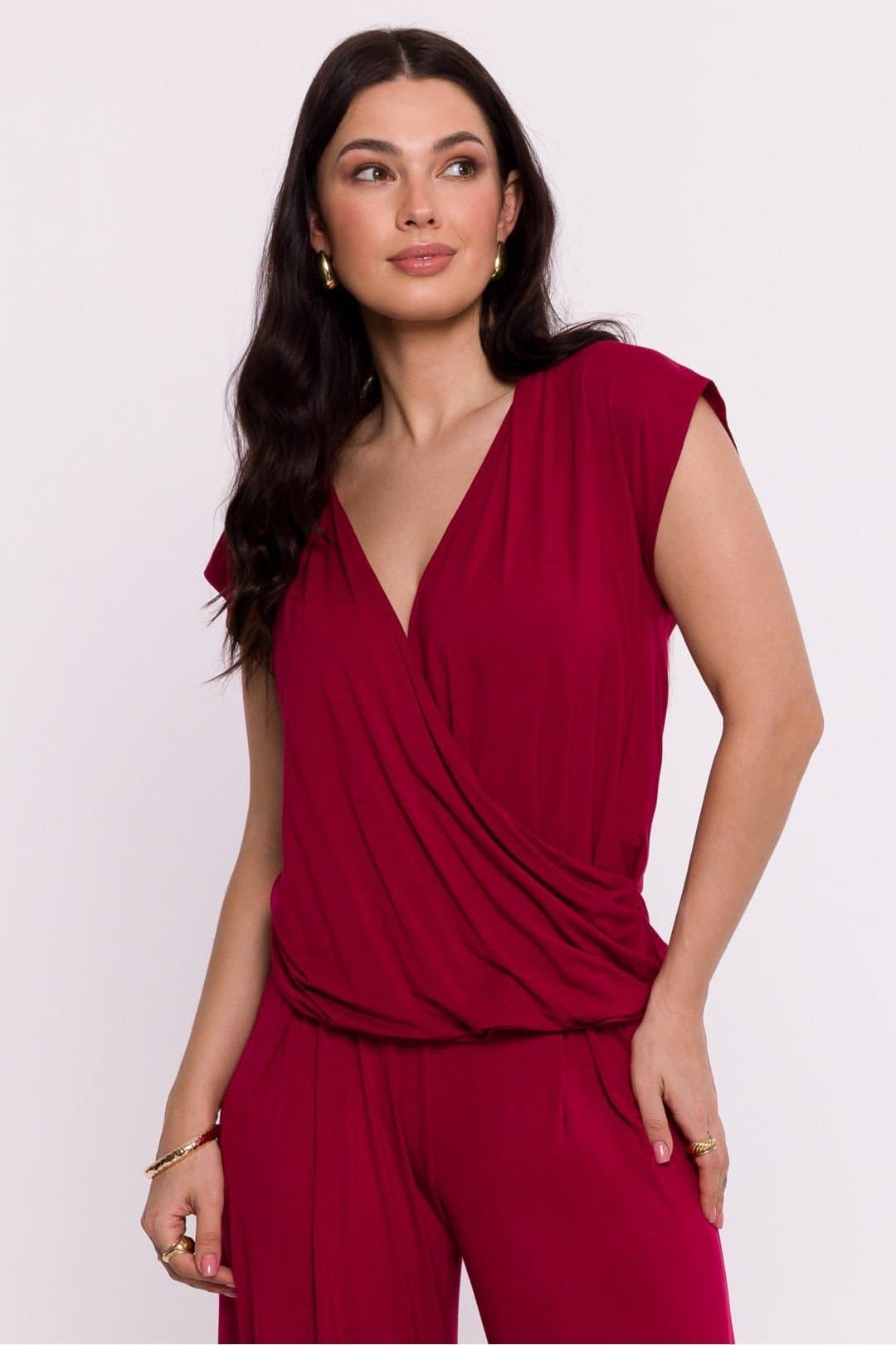 Love Lace Love Lace Women's Viscose Knit Envelope Blouse with Draped Neck in Red