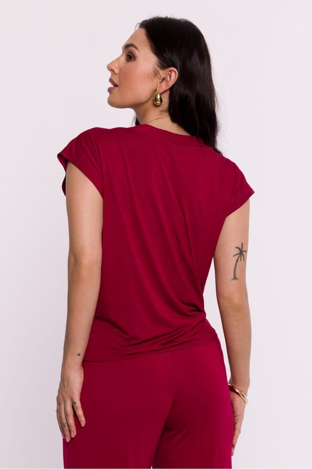 Love Lace Love Lace Women's Viscose Knit Envelope Blouse with Draped Neck in Red - 3