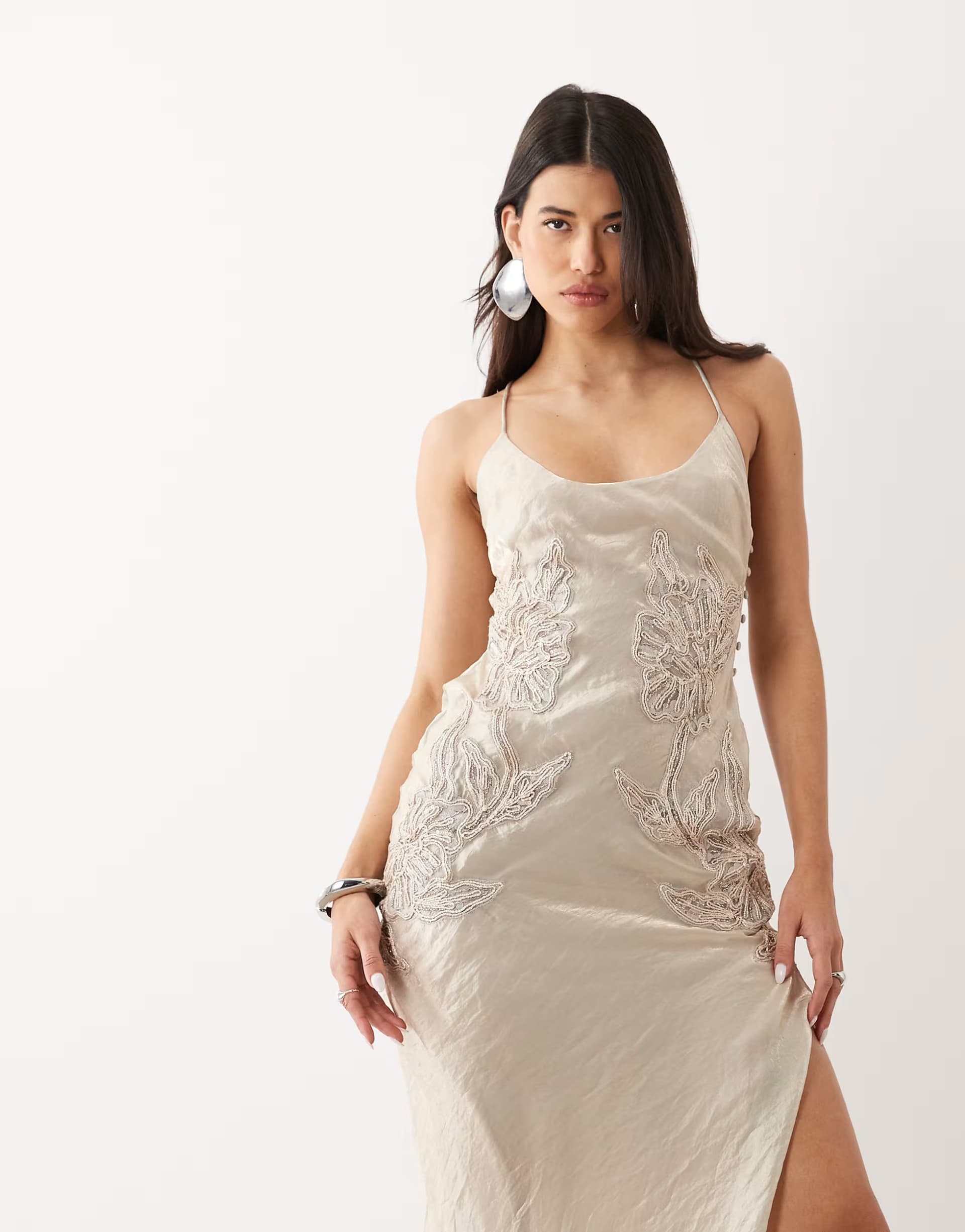 ASOS ASOS DESIGN crinkle satin scoop neck cami midi dress with floral embellishment in silver