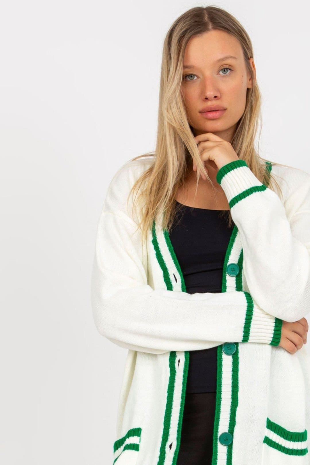 Love Lace Love Lace Women's Contrast Trim Button Cardigan with Side Pockets in White