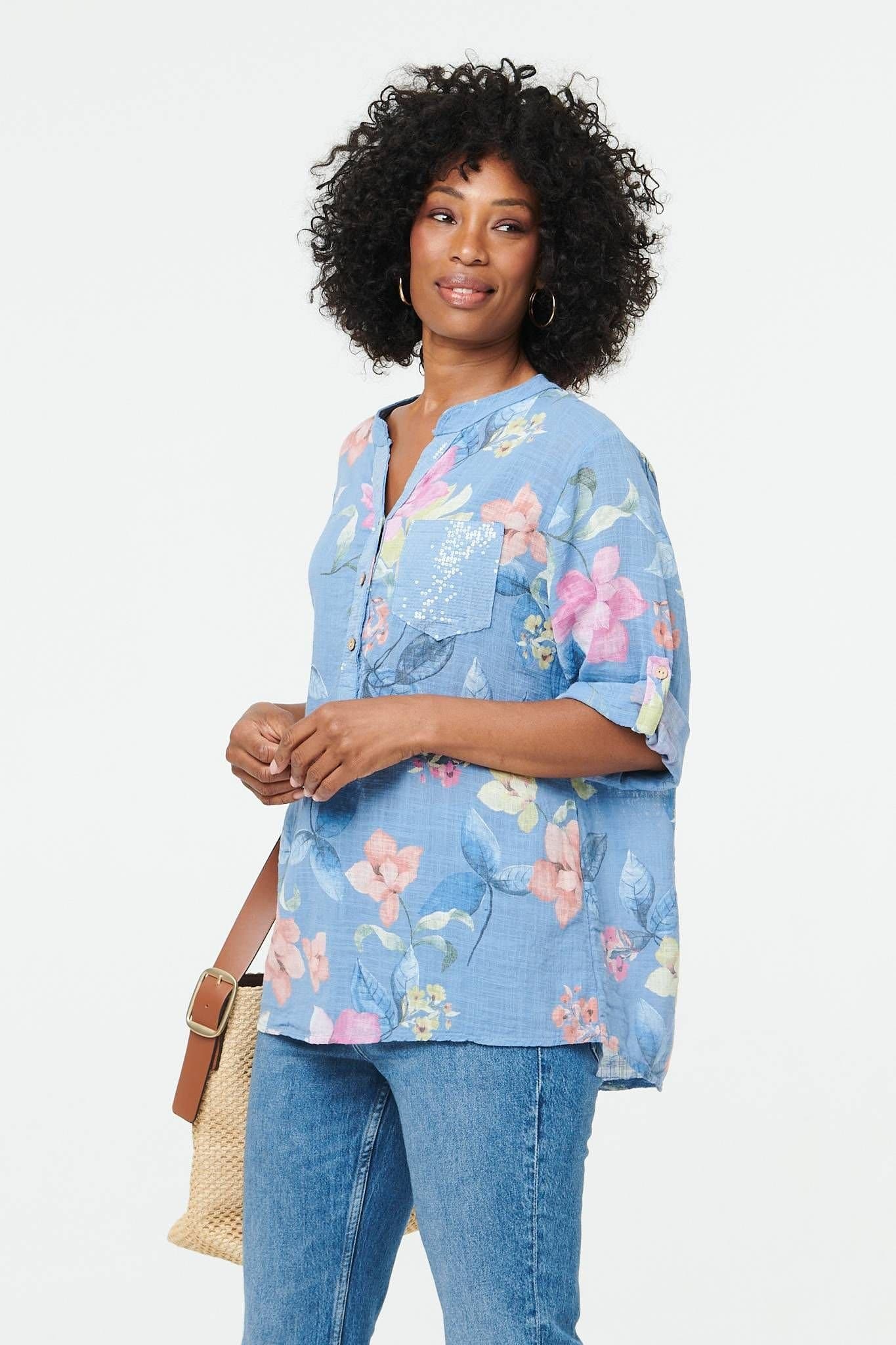Izabel London Izabel London Women's Floral Curve Hem Turn-Up Sleeve Blouse in Mid Blue