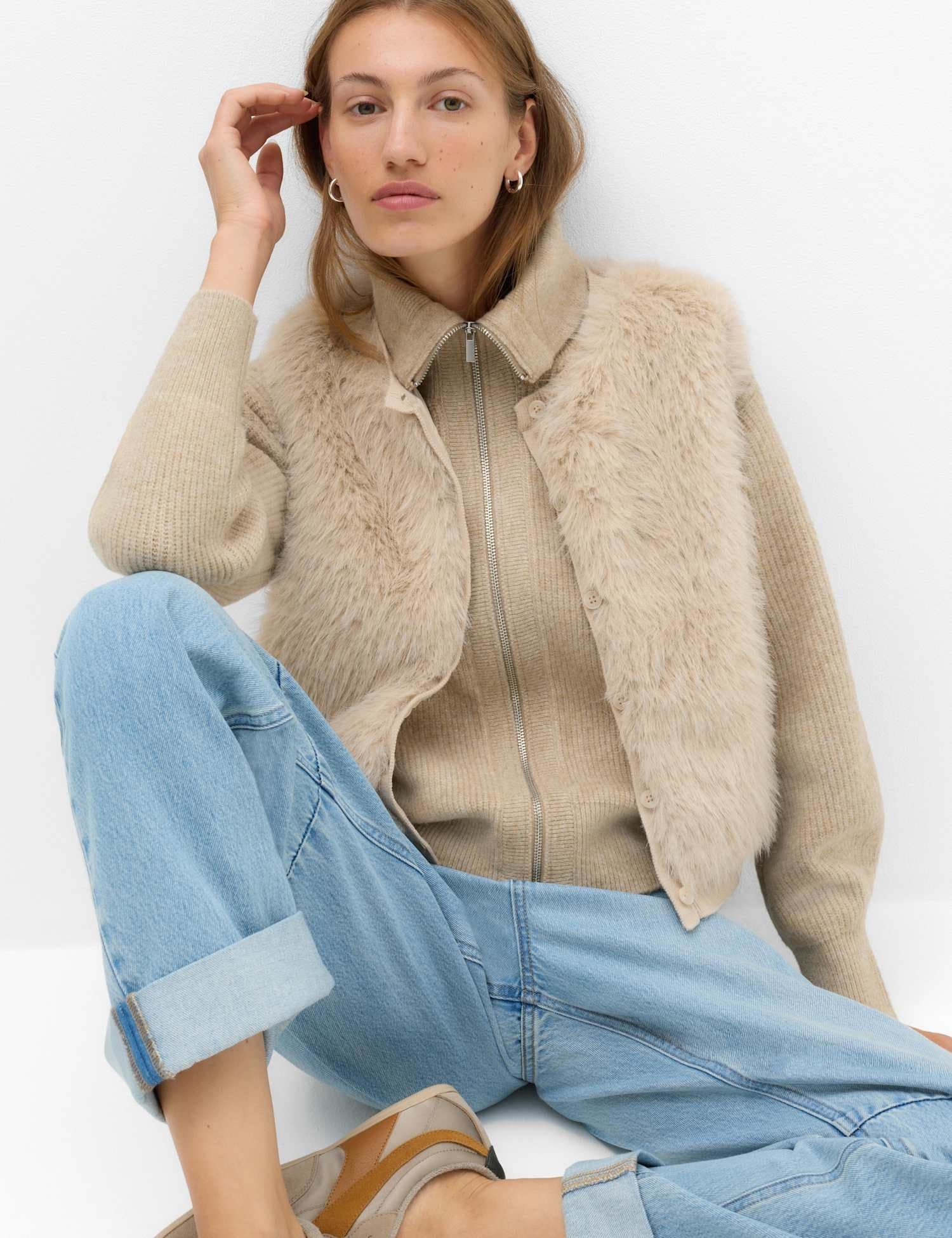 Marks & Spencer M&S Faux Fur Cropped Knitted Waistcoat Neutral