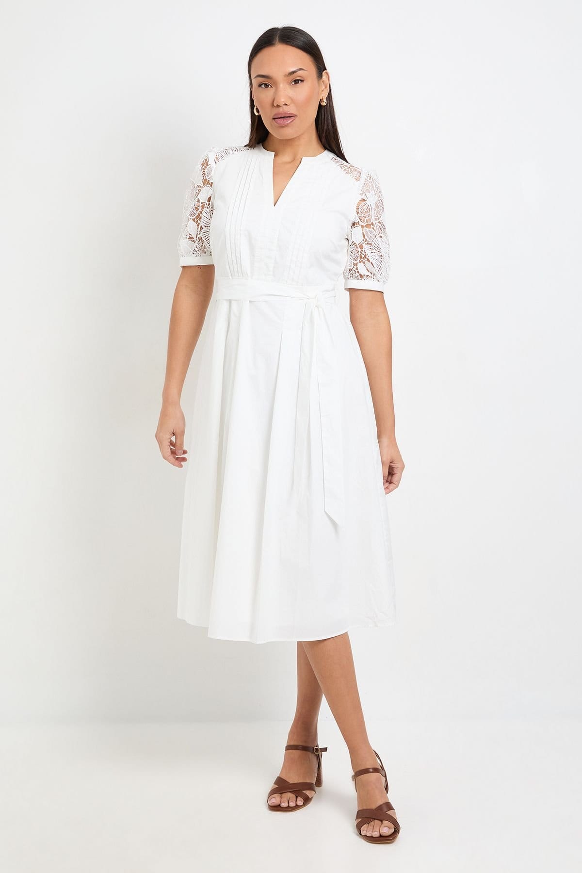 Wallis Wallis Women's Petite Cotton Lace Belted Midi Dress in Ivory - 1