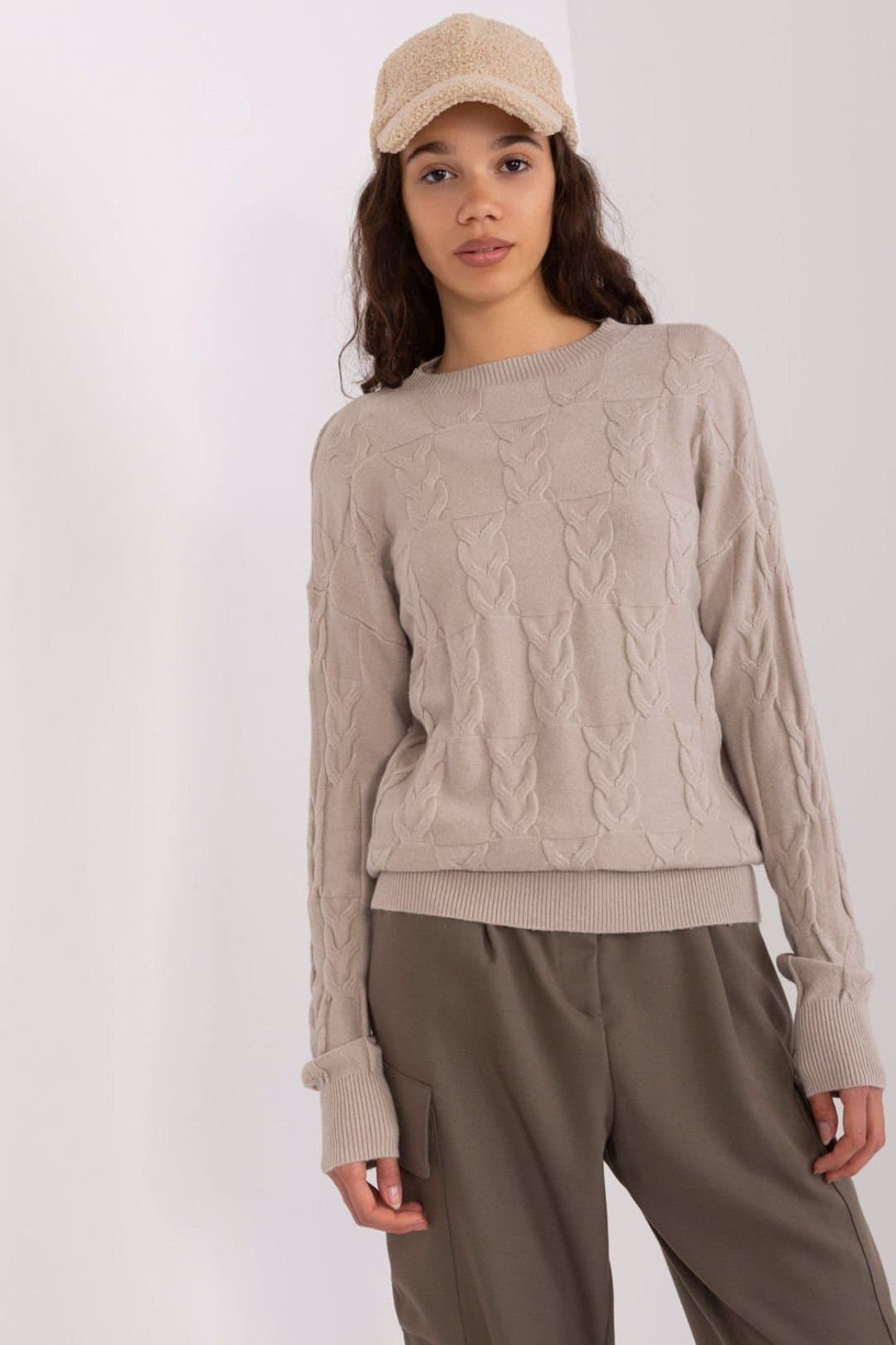 Love Lace Love Lace Women's Printed Round Neck Long Sleeve Sweater in Beige