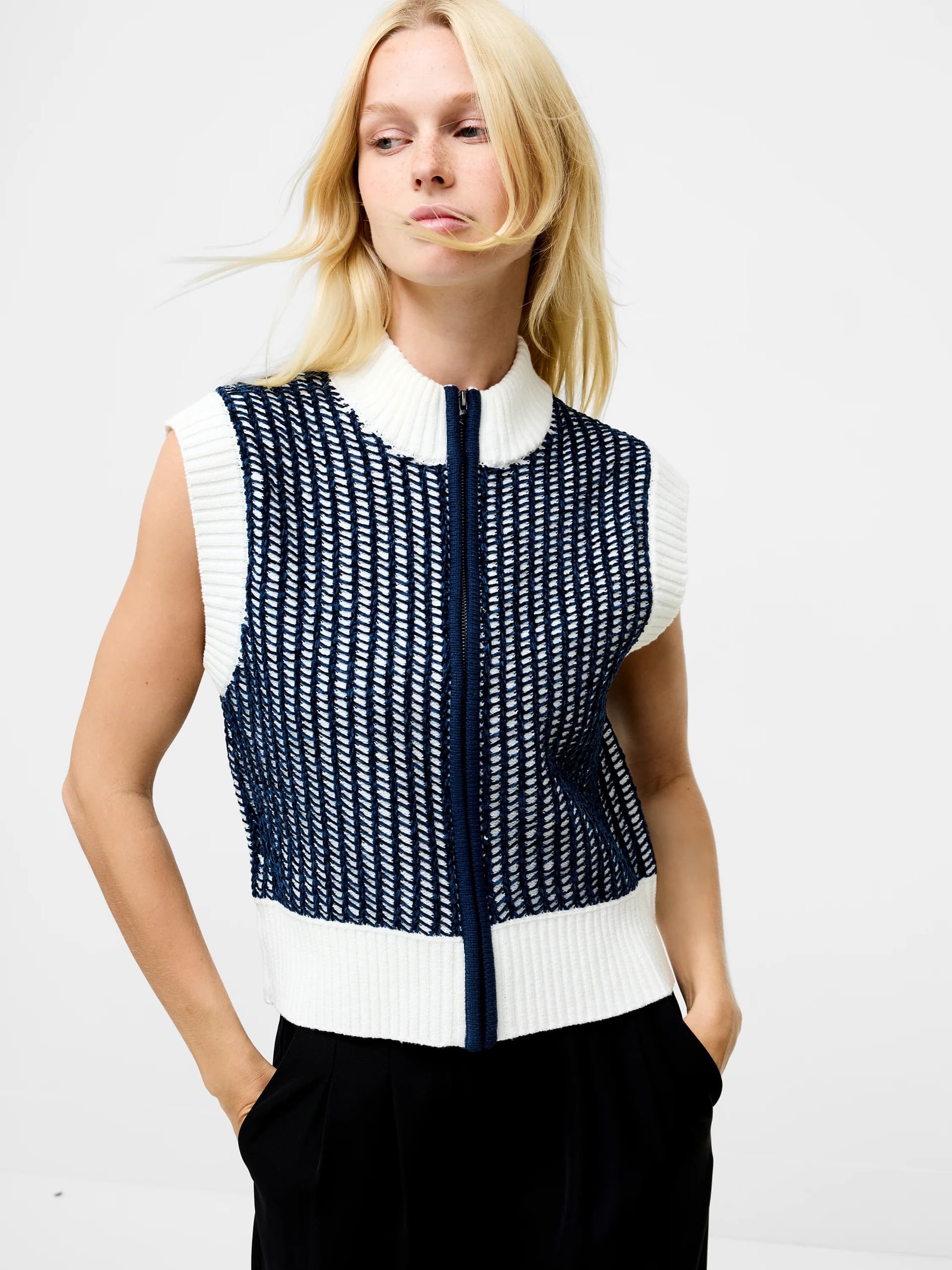French Connection Klara Monochrome Sleeveless Zip Up Knit Jumper Navy/winter White