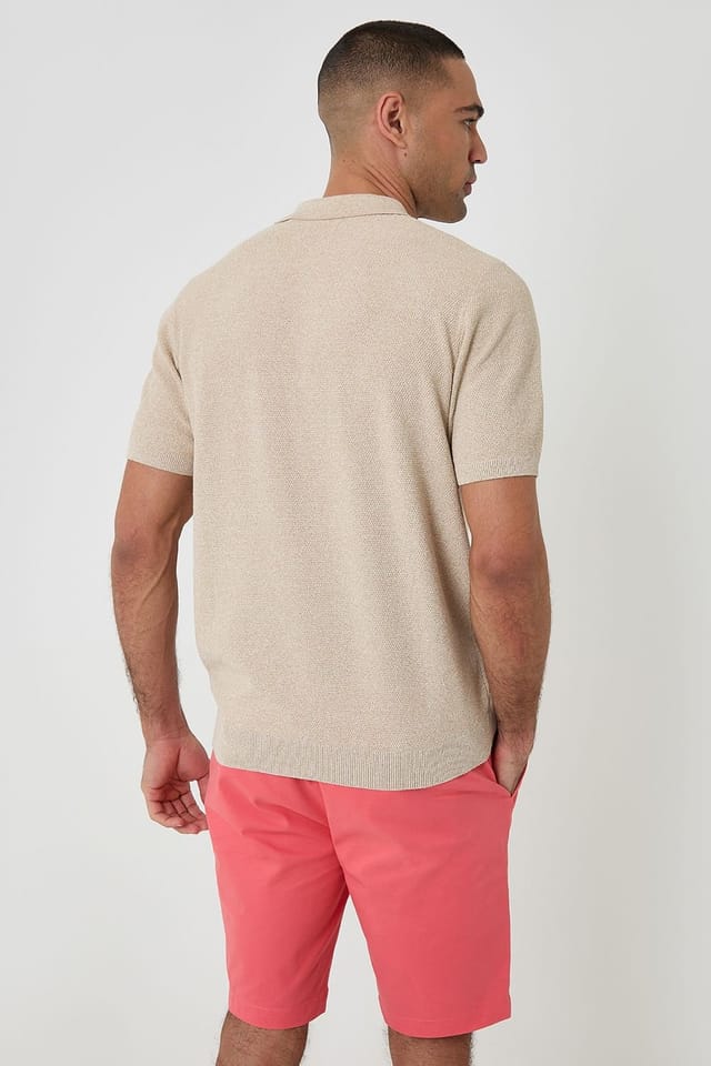 Threadbare threadbare Men's Moss Stitch Knitted Polo in Taupe - 2