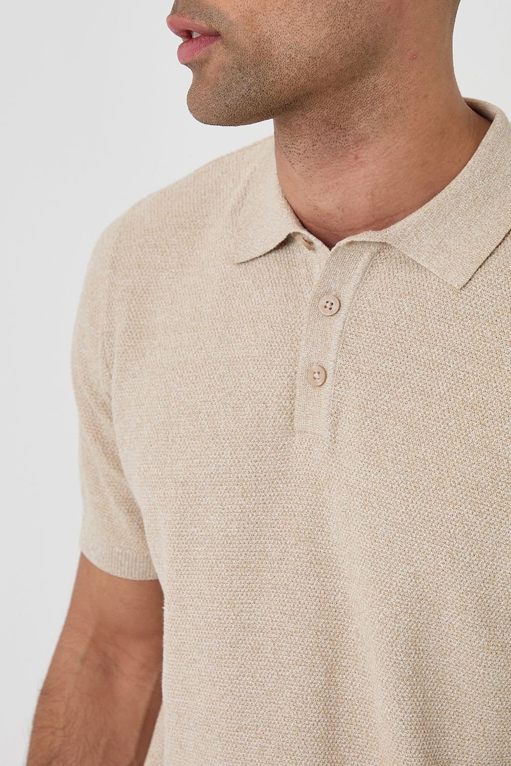 Threadbare threadbare Men's Moss Stitch Knitted Polo in Taupe - 4