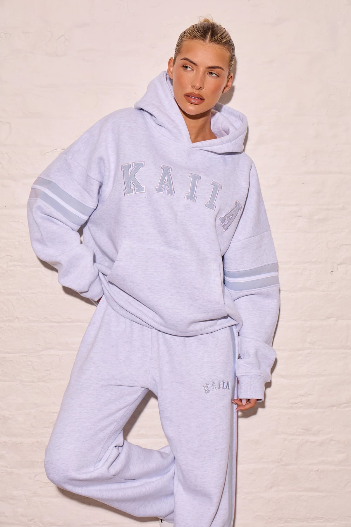 Kaiia Kaiia Arm Detail Oversized Hoodie Light Grey Marl & Dusty Blue - 1