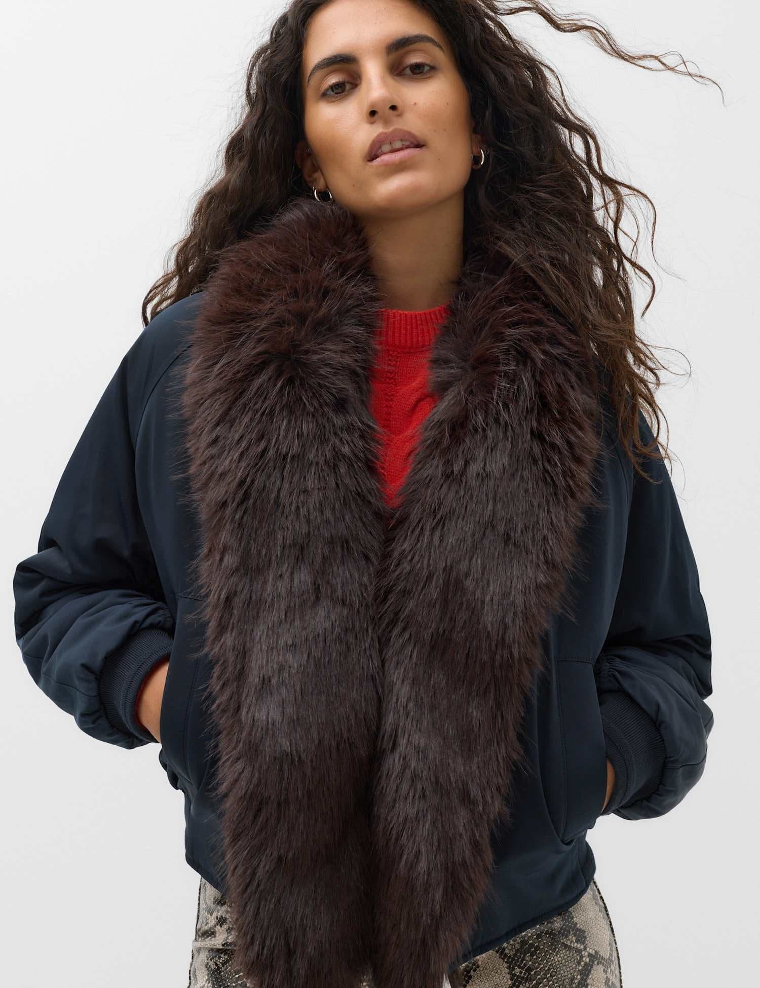 Marks & Spencer M&S Faux Fur Scarf Flight Bomber Jacket Midnight Navy