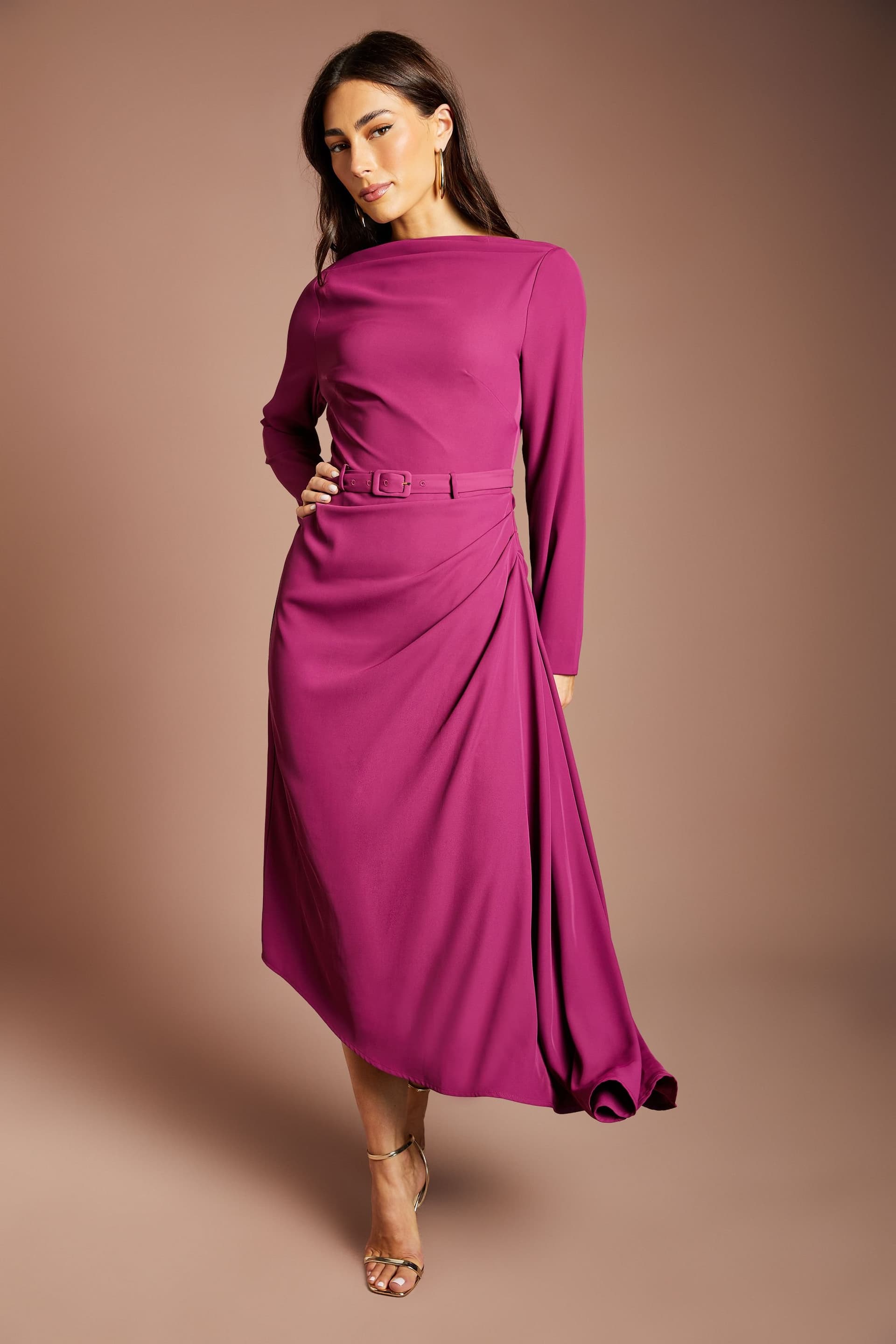 Coast Coast Women's V Back Belted Drape Skirt Midi Dress in Berry