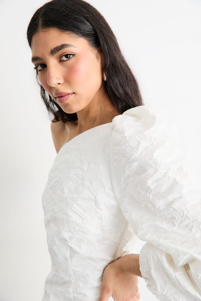 Warehouse Warehouse Women's Hen Jacquard Puff Sleeve One Shoulder Mini Dress in Ivory - 2