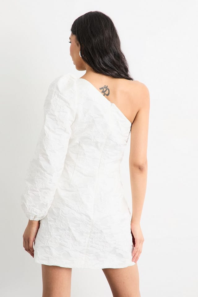 Warehouse Warehouse Women's Hen Jacquard Puff Sleeve One Shoulder Mini Dress in Ivory - 3