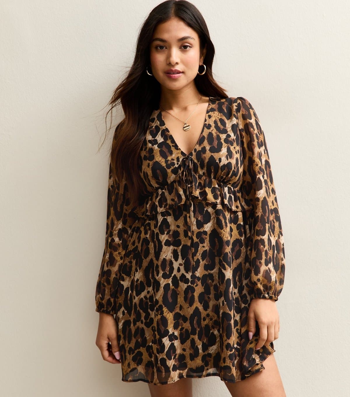 New Look Women's Petite Chiffon Animal Print Long Sleeve Mini Dress New Look