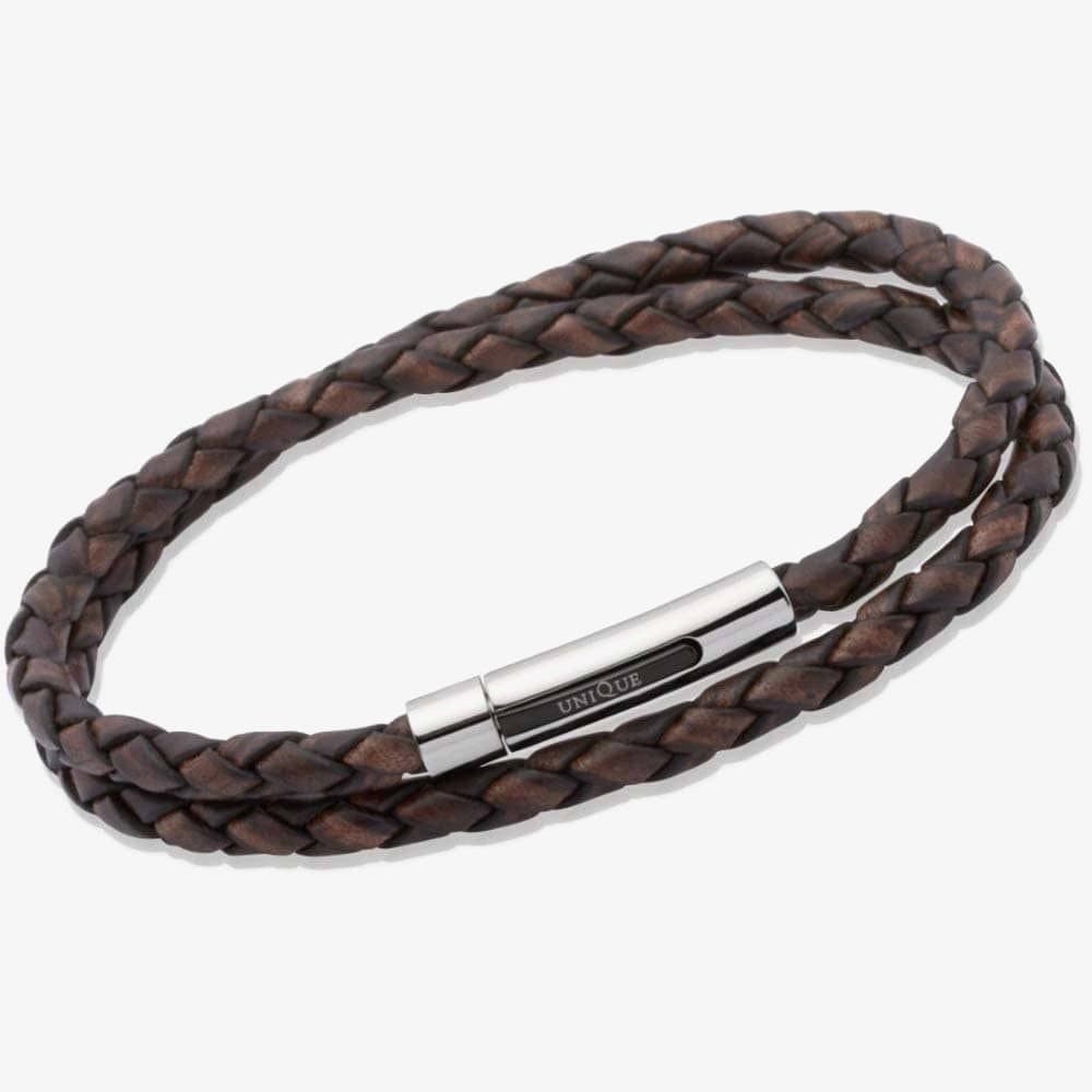 Unique Unique Men's Stainless Steel 21cm Brown Leather Bracelet B171ADB-21CM