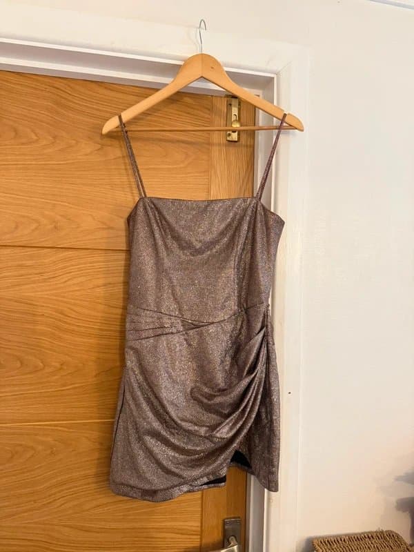 House of CB House of CB Socorro Pink Gold Sparkly Shimmer Metallic Glittery Ruched Side Party Mini Dress