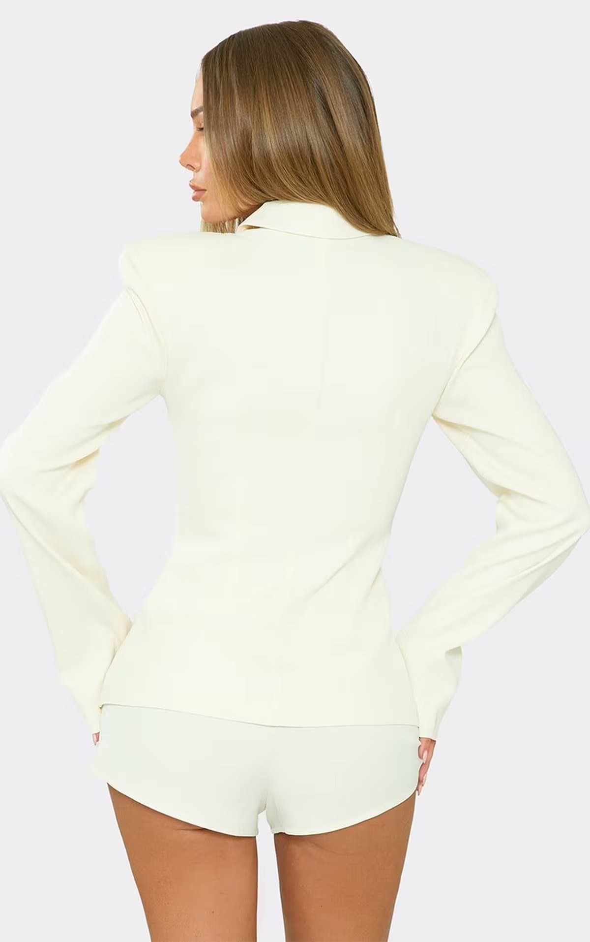 EGO Long Sleeve Shoulder Pad Zip Up Tailored Playsuit In Stone, Women's Size UK 6