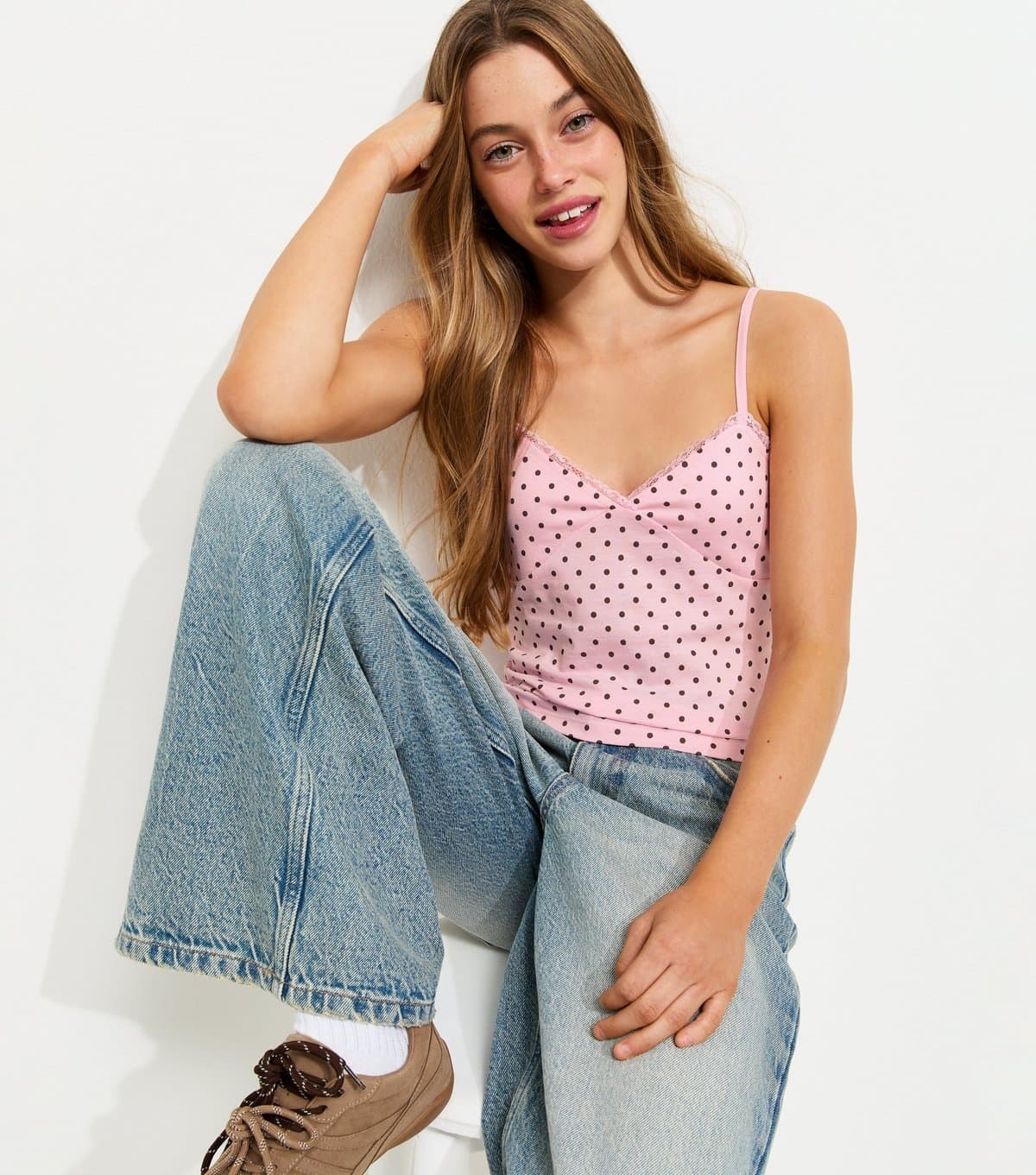 New Look New Look Pink Polka Dot Lace Trim V Neck Vest Top