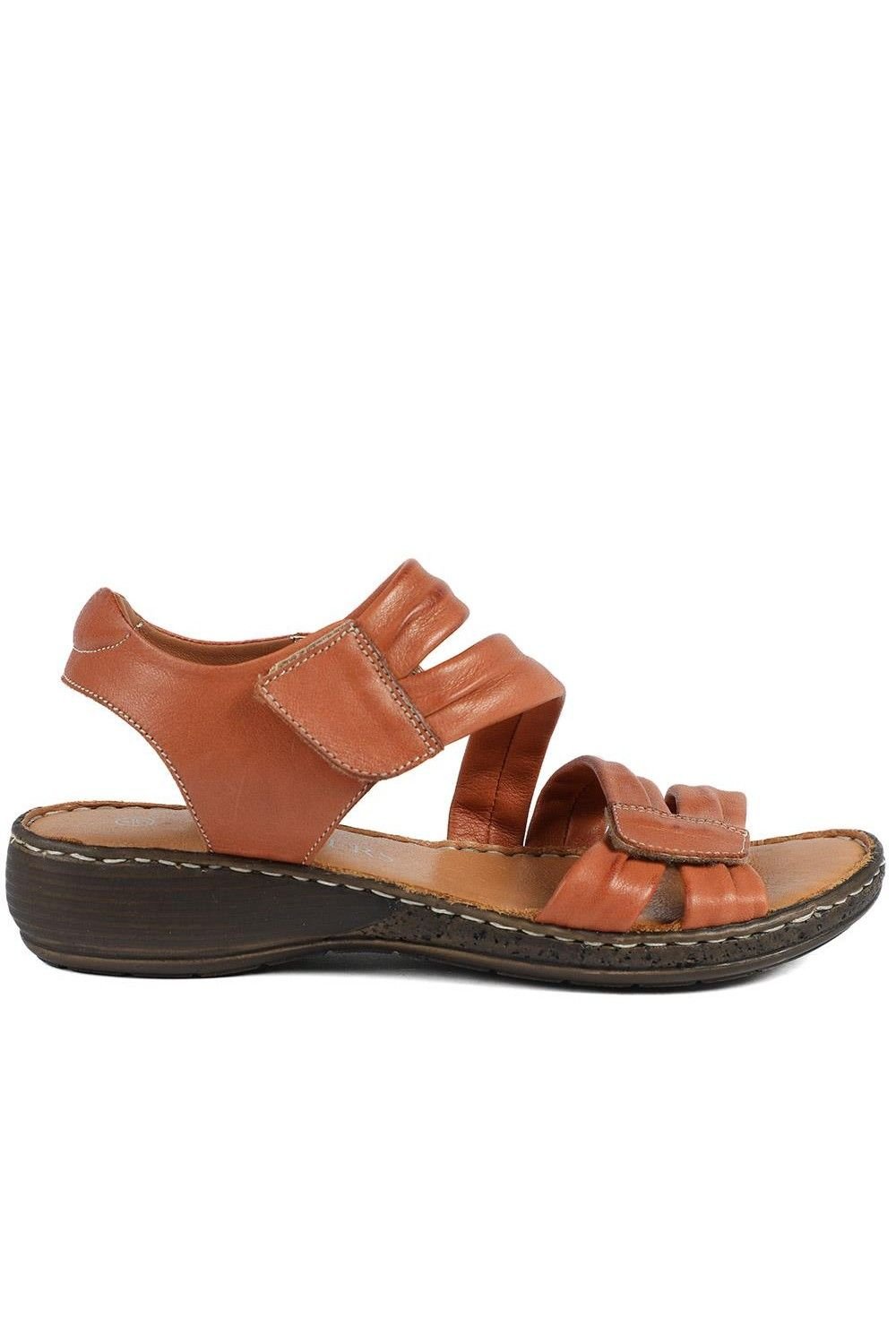 Pavers Pavers Women's Leather Comfort Sandals with Touch Fastening in Tan - 2