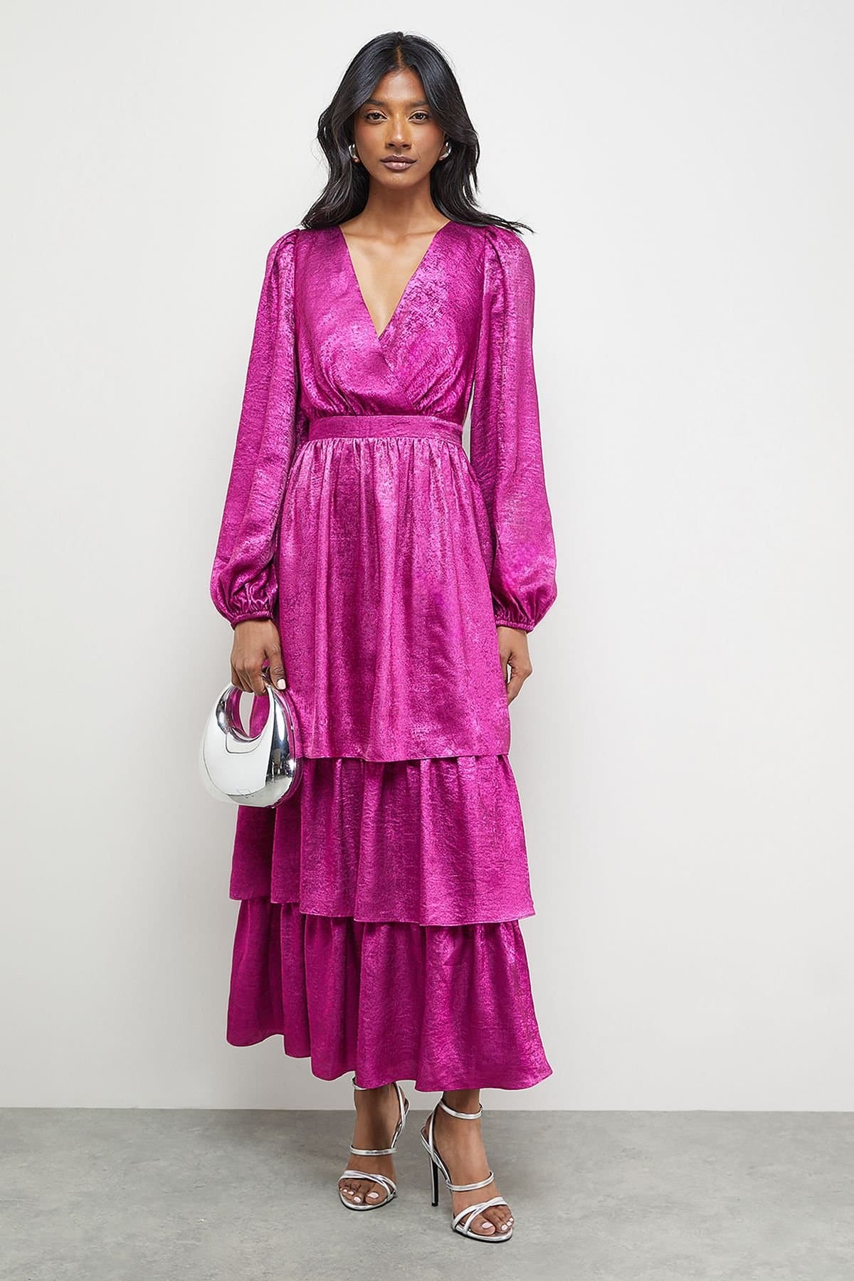 Warehouse Warehouse Women's Metallic Plunge Neck Tier Midi Dress