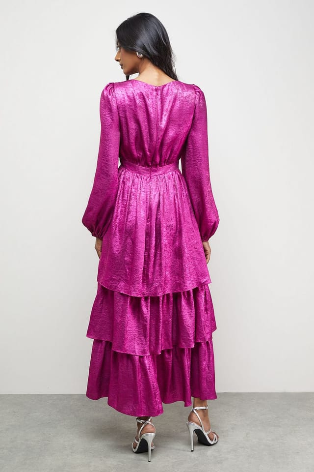 Warehouse Warehouse Women's Metallic Plunge Neck Tier Midi Dress - 3