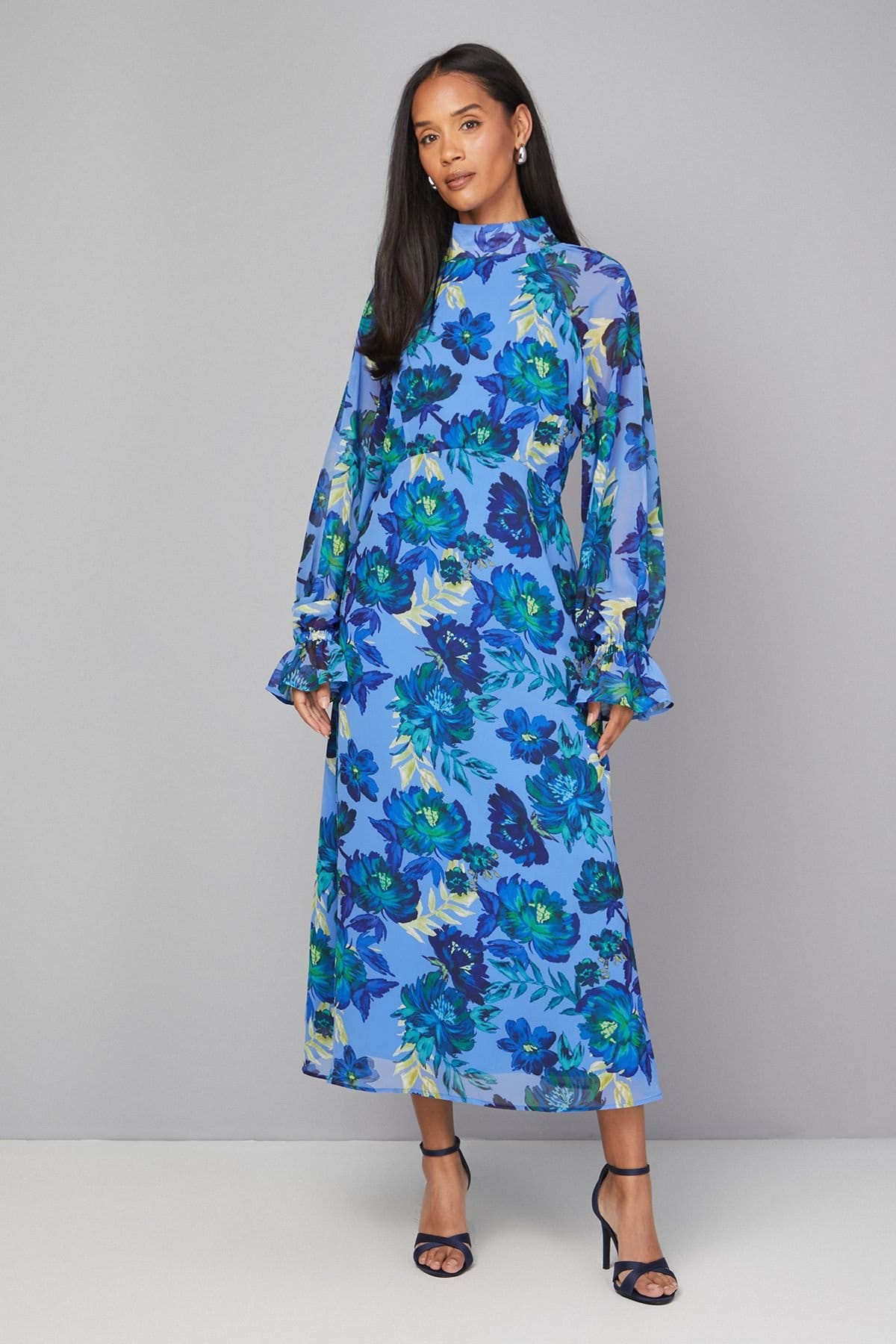 Wallis Blue Floral Tie Neck Smock Dress