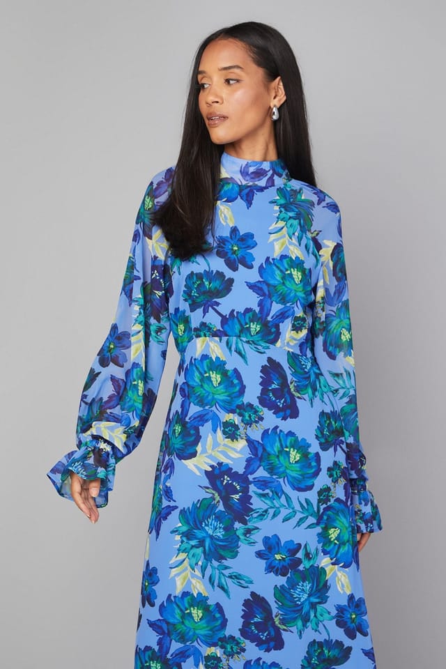 Wallis Wallis Women's Floral Tie Neck Smock Dress in Blue - 2