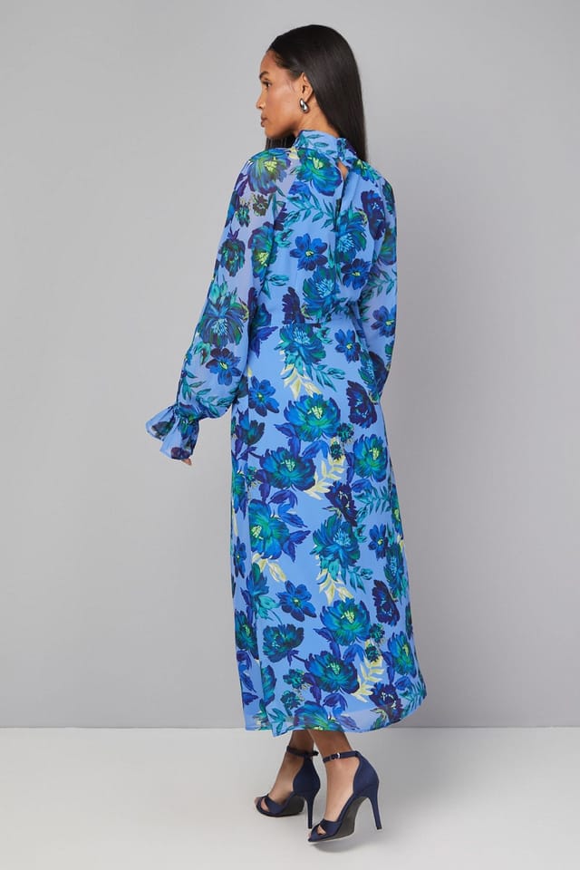 Wallis Wallis Women's Floral Tie Neck Smock Dress in Blue - 3