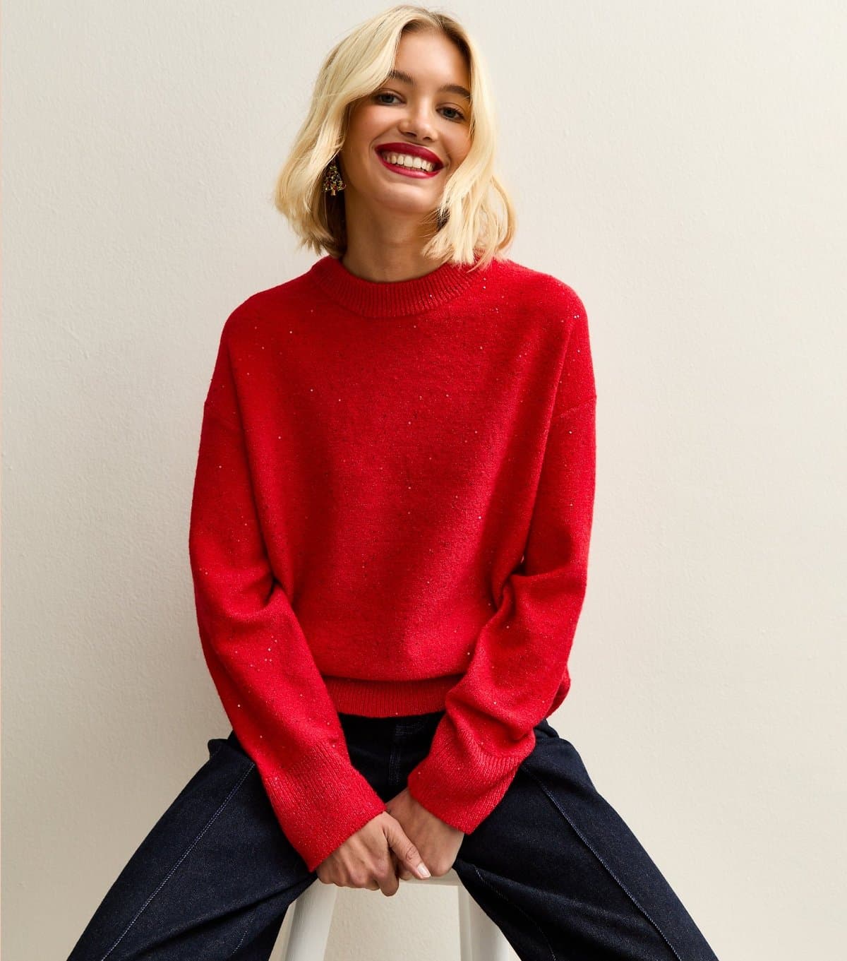 New Look Women's Dark Red Sequin Yarn Crew Neck Jumper New Look
