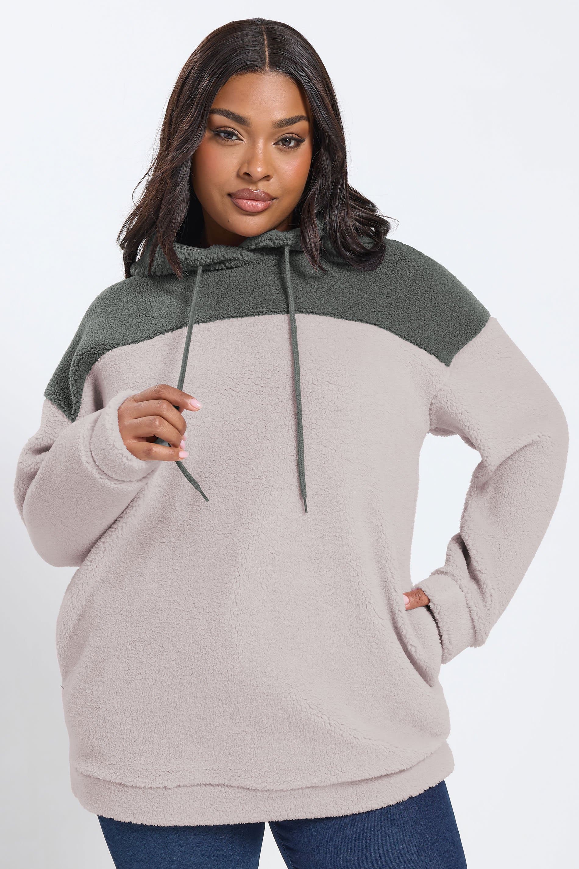 Yours Plus Size Grey & Purple Colourblock Teddy Fleece Hoodie