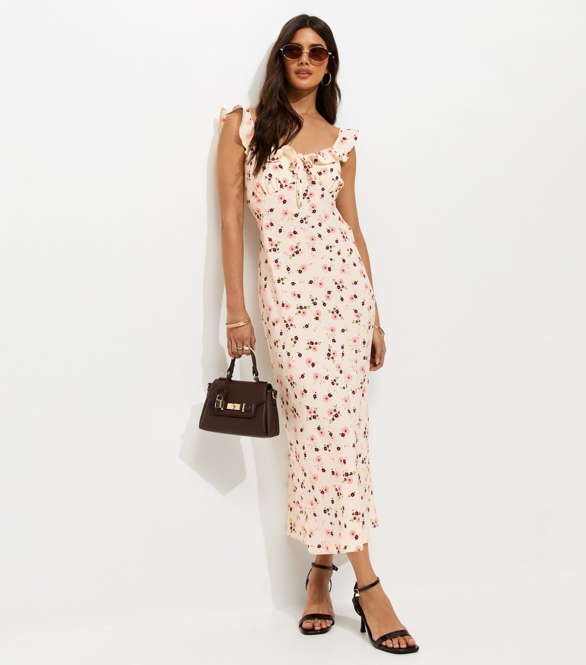 New Look Women's Cream Floral Ruffle Strap Midi Dress New Look