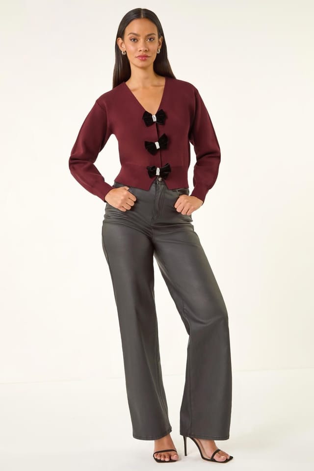 Dusk Dusk Women's Bow Buttoned Knit Cardigan in Burgundy - 2