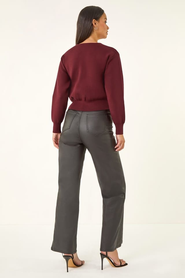 Dusk Dusk Women's Bow Buttoned Knit Cardigan in Burgundy - 3