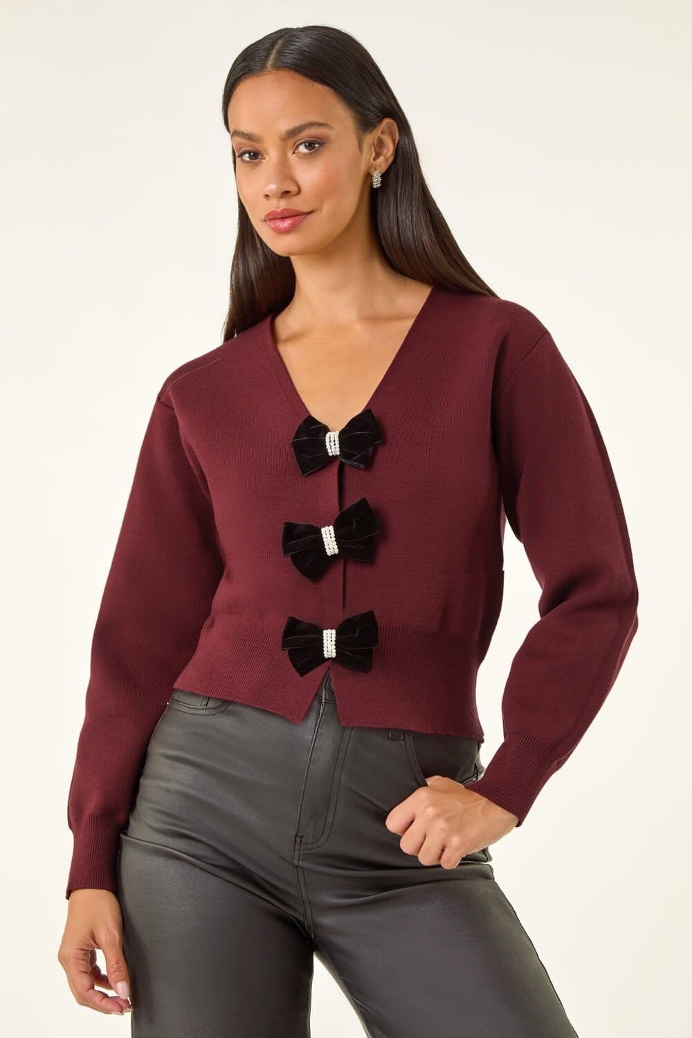 Dusk Dusk Women's Bow Buttoned Knit Cardigan in Burgundy - 4