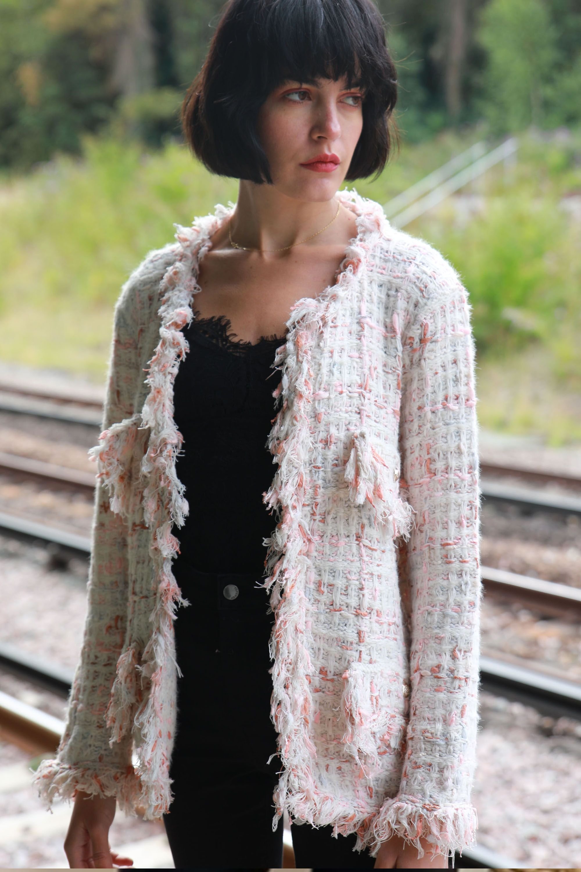 CY CY Women's Knitted Long Sleeve Cardigan With Tweed Effect in White - 4