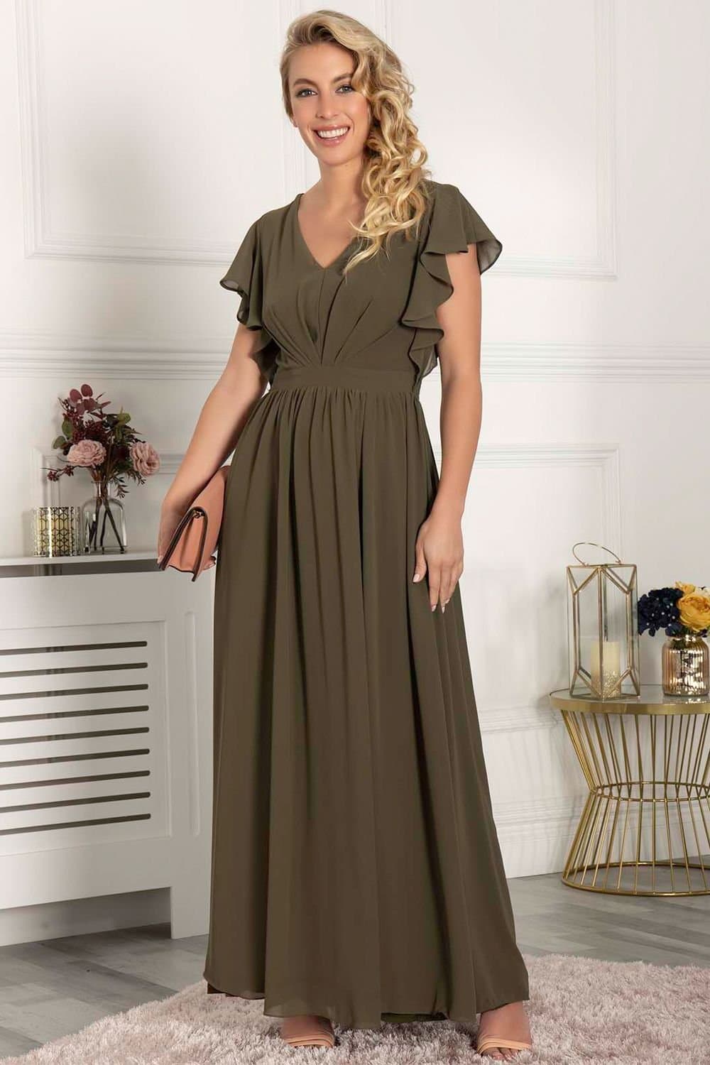 Jolie Moi Jolie Moi Women's Frilly Shoulder Chiffon Maxi Dress in Green