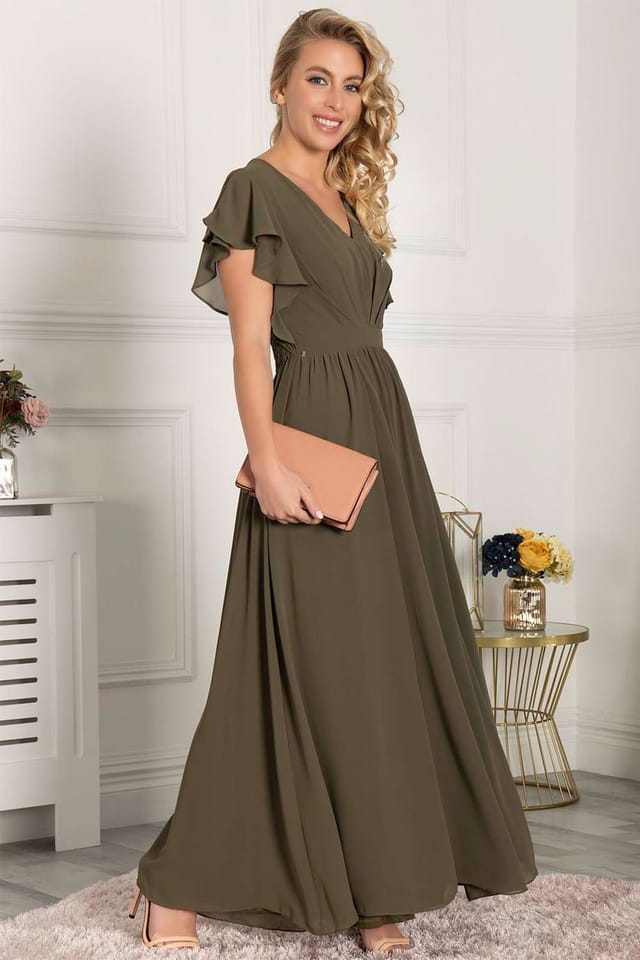 Jolie Moi Jolie Moi Women's Frilly Shoulder Chiffon Maxi Dress in Green - 3