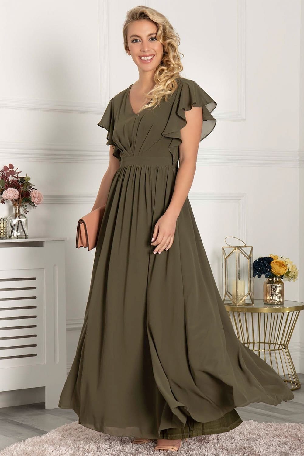 Jolie Moi Jolie Moi Women's Frilly Shoulder Chiffon Maxi Dress in Green - 4