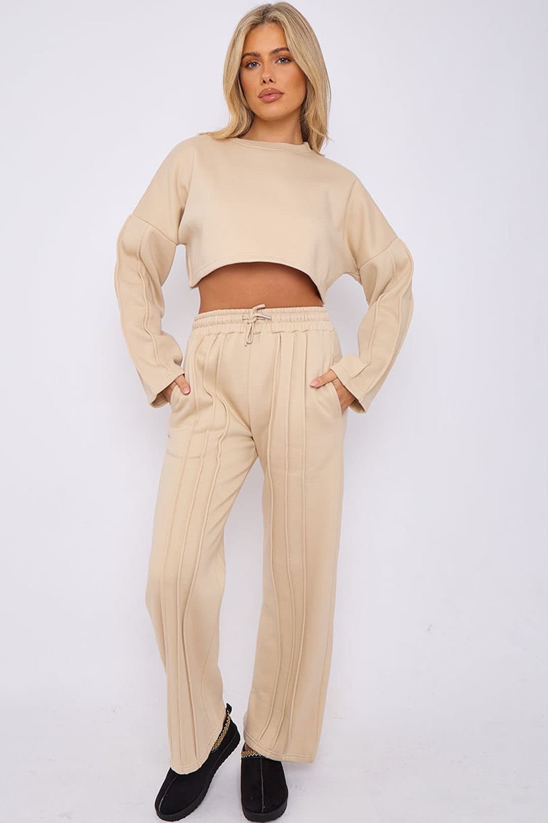 STYLEWISE STYLEWISE Women's Seam Detail Fleece Co-ord - Oversized Crop Top & Joggers Set in Stone