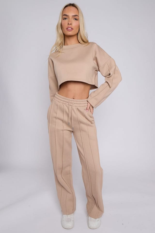 STYLEWISE STYLEWISE Women's Seam Detail Fleece Co-ord - Oversized Crop Top & Joggers Set in Stone - 2