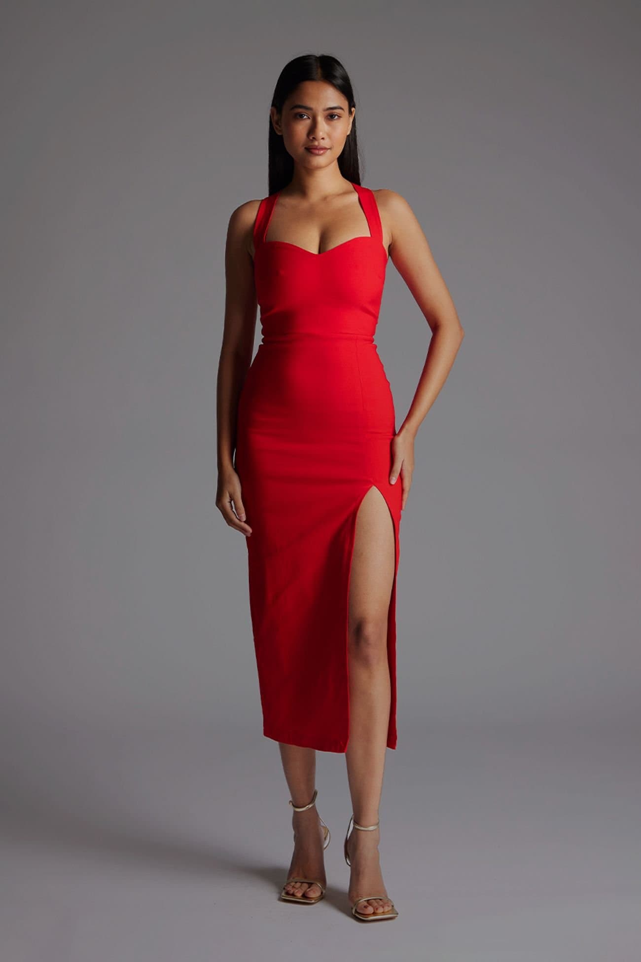 Vesper Vesper Women's Sweetheart Neckline Midaxi Dress with Cross Over Straps in Red