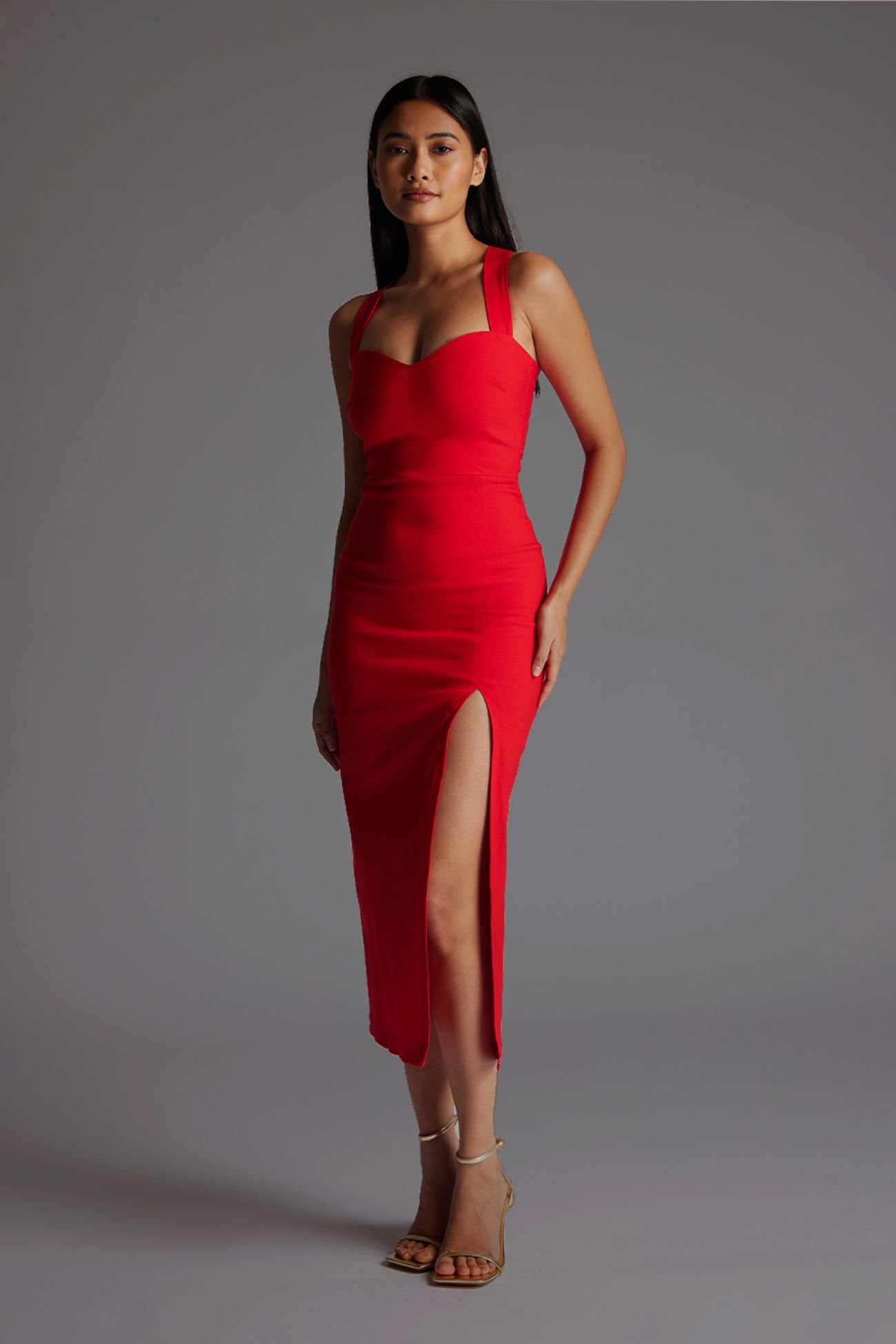 Vesper Vesper Women's Sweetheart Neckline Midaxi Dress with Cross Over Straps in Red - 2