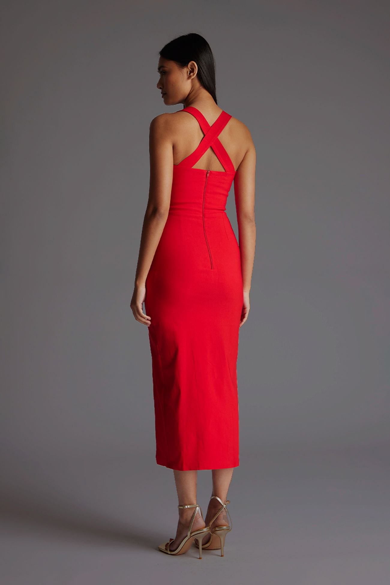 Vesper Vesper Women's Sweetheart Neckline Midaxi Dress with Cross Over Straps in Red - 3